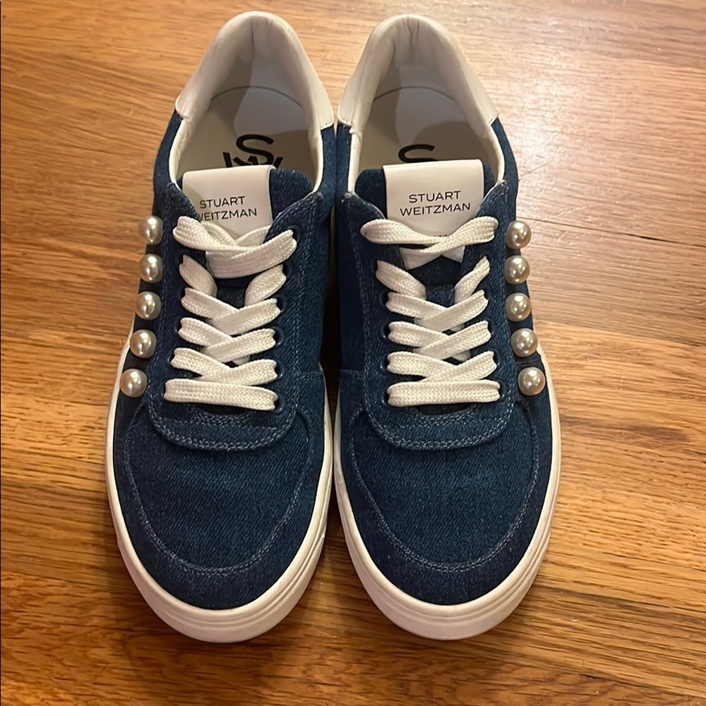 Stuart Weitzman Denim Blue Sneakers with Pearl Details